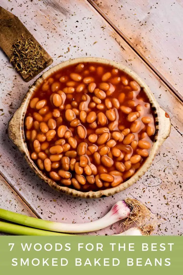 Smoked baked beans on a wooden table