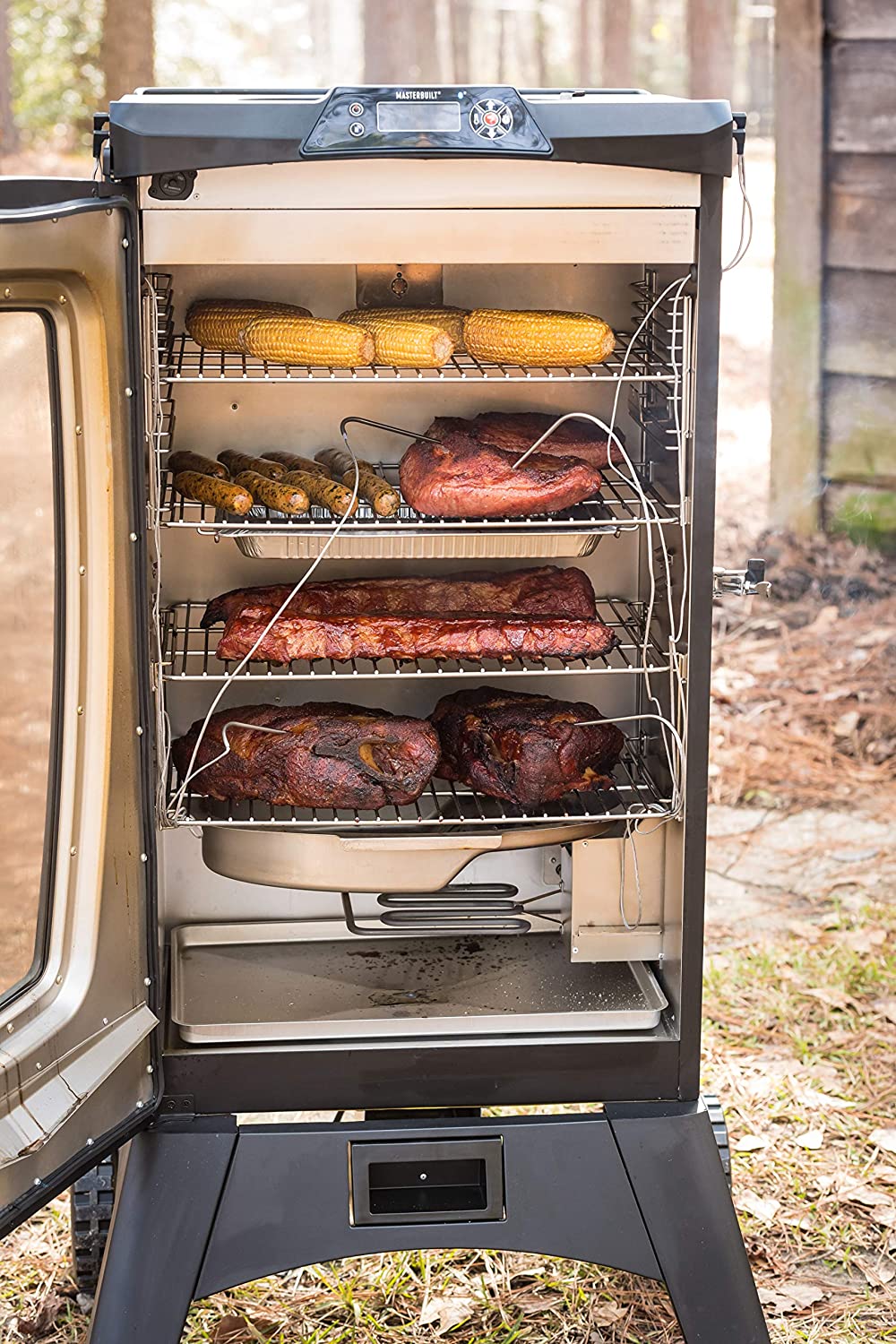 Best intelligent electric & best features Bluetooth smoker- Masterbuilt MES 440S detail of inside with meats
