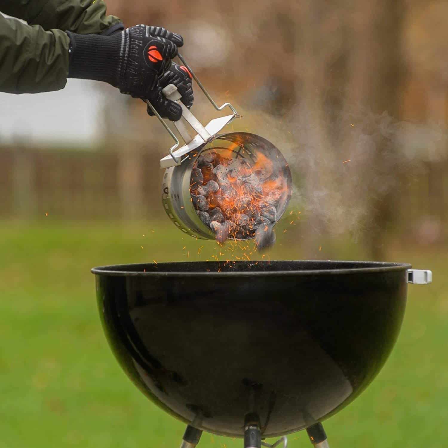 Best BBQ gloves overall- GRILL HEAT AID Extreme Heat Resistant handling the chimney starter