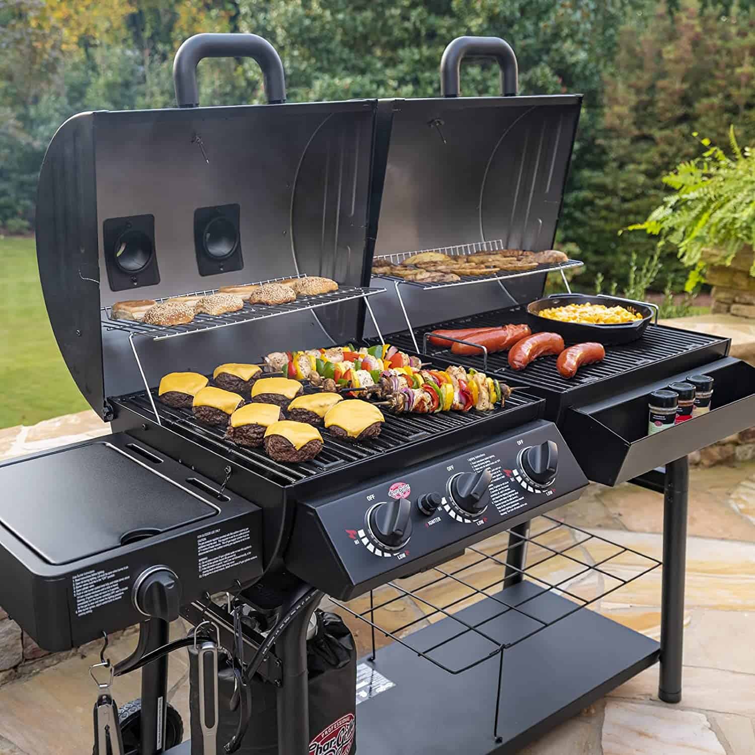 Best gas & charcoal combo grill overall- Char-Griller 5050 Duo being used