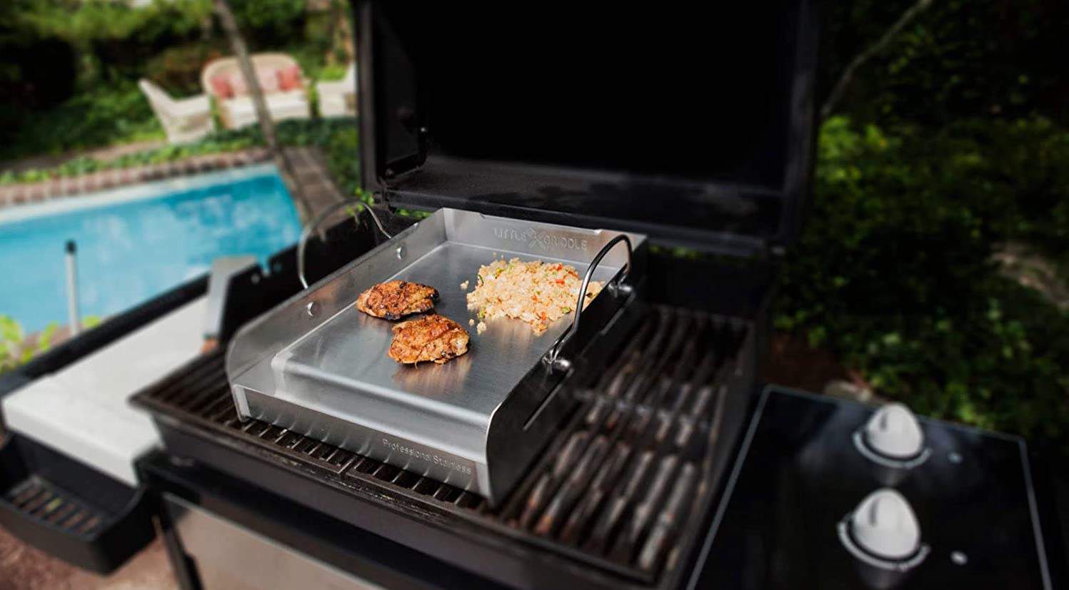 Best griddle for your existing grill- Little Griddle Sizzle-Q SQ180 on the grill