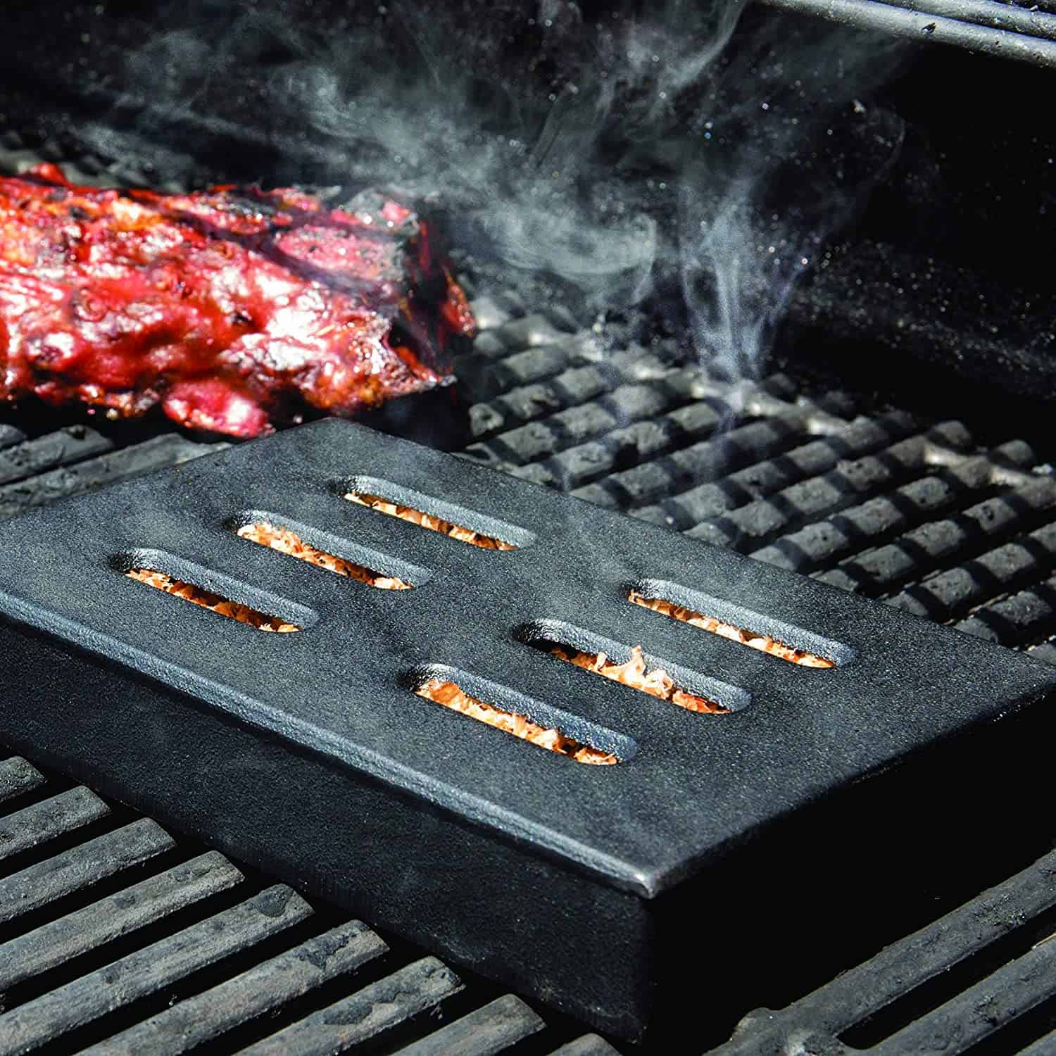 Best overall smoker box for gas grills- Char-Broil Cast Iron Smoker Box on the grill