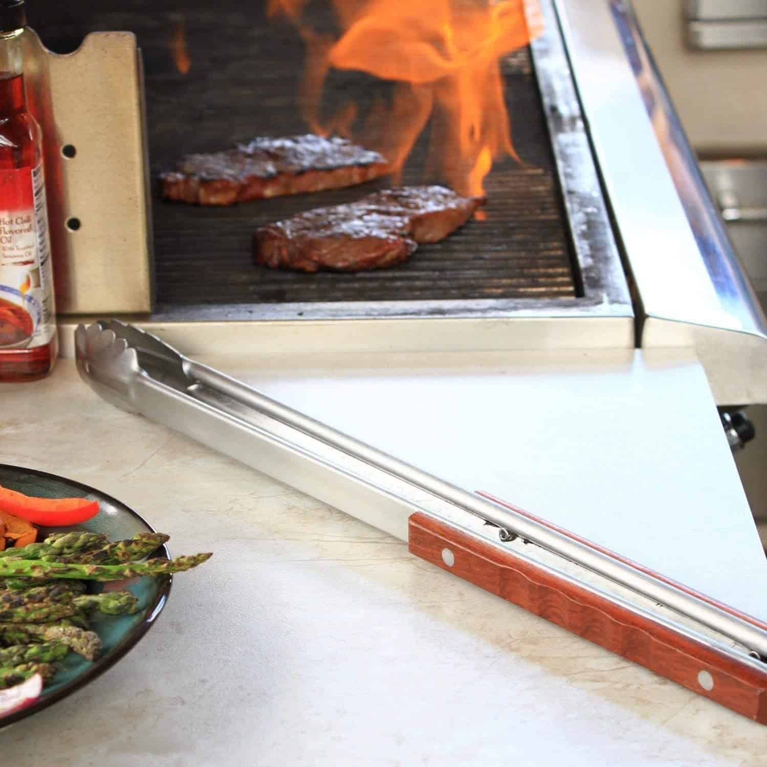 Best extra long grill tongs & best for ribs- Outset QB22 Locking in use