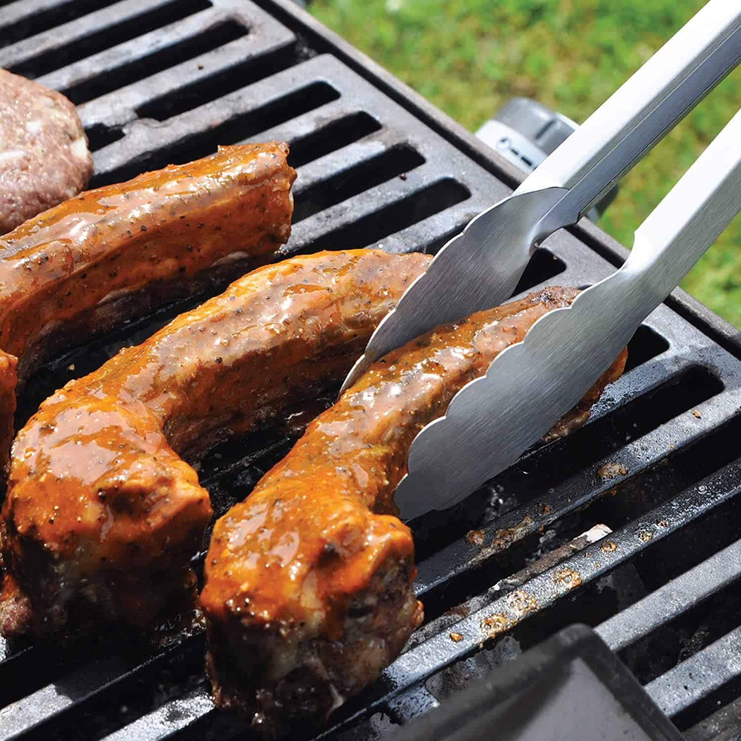 Best grill tongs with wooden handle- GRILLHOGS 12-Inch 2 Pack grabbing meat