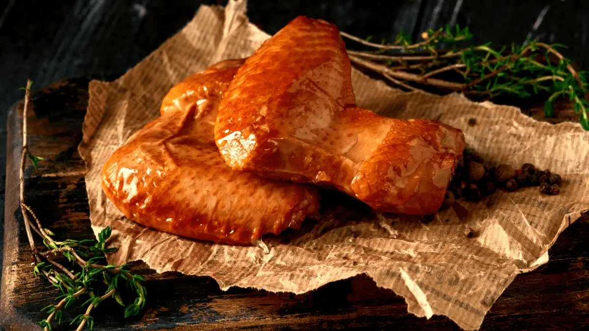 alitas de pollo ahumadas en una tabla tallada y papel encerado con hierbas a un lado